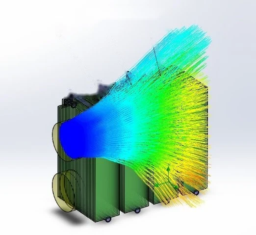 Computational fluid dynamics of air flow and temperature through the radiators.